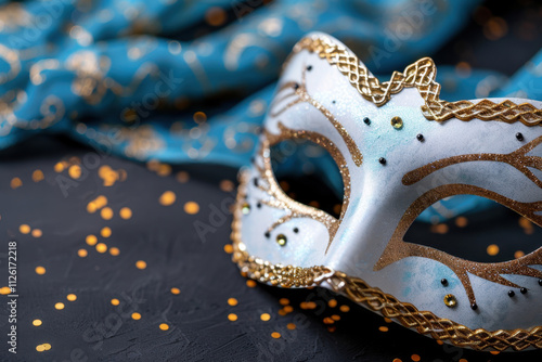 An elegant white Venetian mask with gold accents, set against luxurious blue fabric and scattered golden confetti, creating a sophisticated look.
 photo