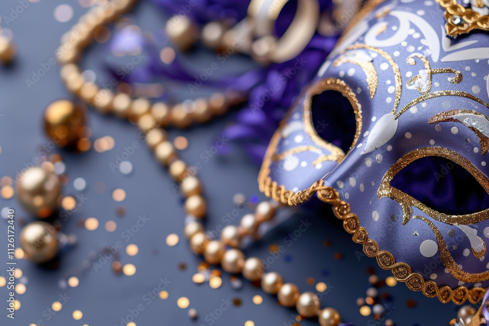 A beautifully detailed purple Mardi Gras mask with gold embellishments, surrounded by golden beads and confetti, showcasing festive elegance and charm.
A beautifully detailed purple Mardi Gras mask with gold embellishments, surrounded by golden beads and confetti, showcasing festive elegance and charm.