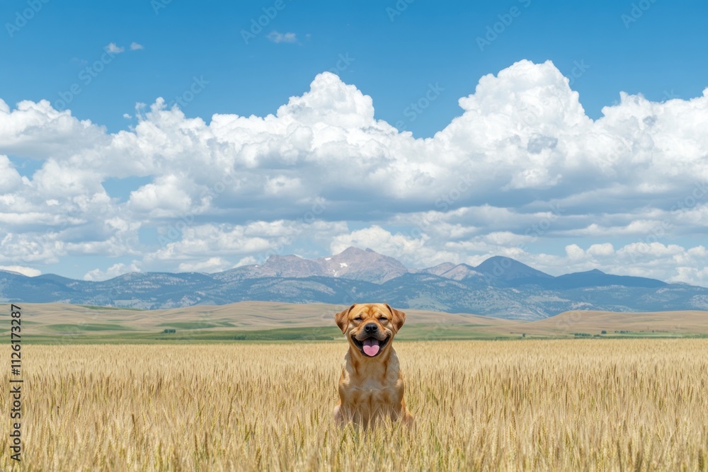 A happy dog sits in a golden field with mountains and clouds in the background. A happy dog sits in a golden field with mountains and clouds in the background.