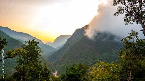 Time-Lapse morning sunrise in the valley of the Pha-Bong mountain viewpoint at Mae Hong Son province Thailand.
