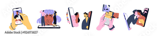 Online dating app concept set. Virtual love in the Internet. Phone application for looking for romantic relationships. Couples communicate, flirt in chats. Flat isolated vector illustrations on white