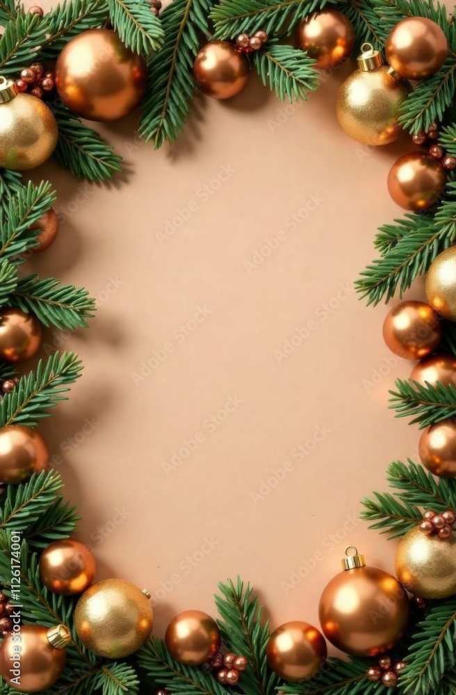 Vertical Mock up: frame of fir branches and festive Christmas balls in gold and mocha mousse. Monochrome background in trendy mocha mousse color. Empty space for text. New Year and Christmas atmospher