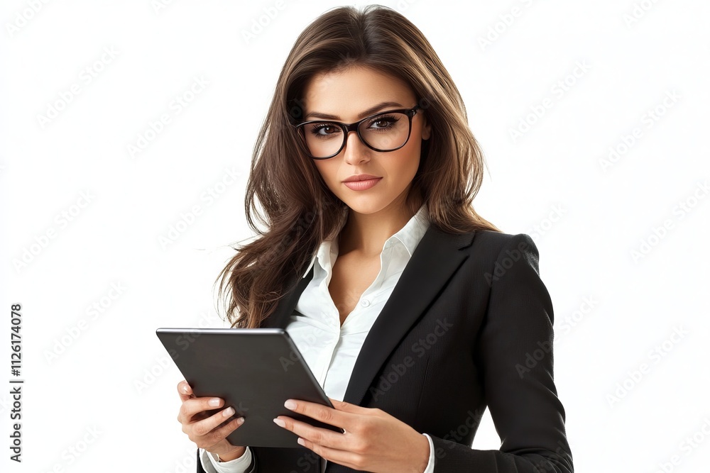 A woman wearing glasses and a black suit holding a tablet A woman wearing glasses and a black suit holding a tablet