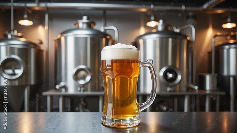 Beer mug in craft brewery with stainless steel tanks Beer mug in craft brewery with stainless steel tanks