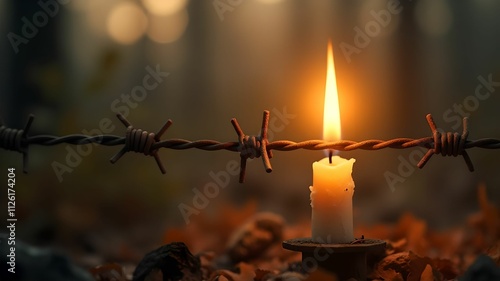 Blurred rustic grunge aged barbed wire fence against golden candle light. photo