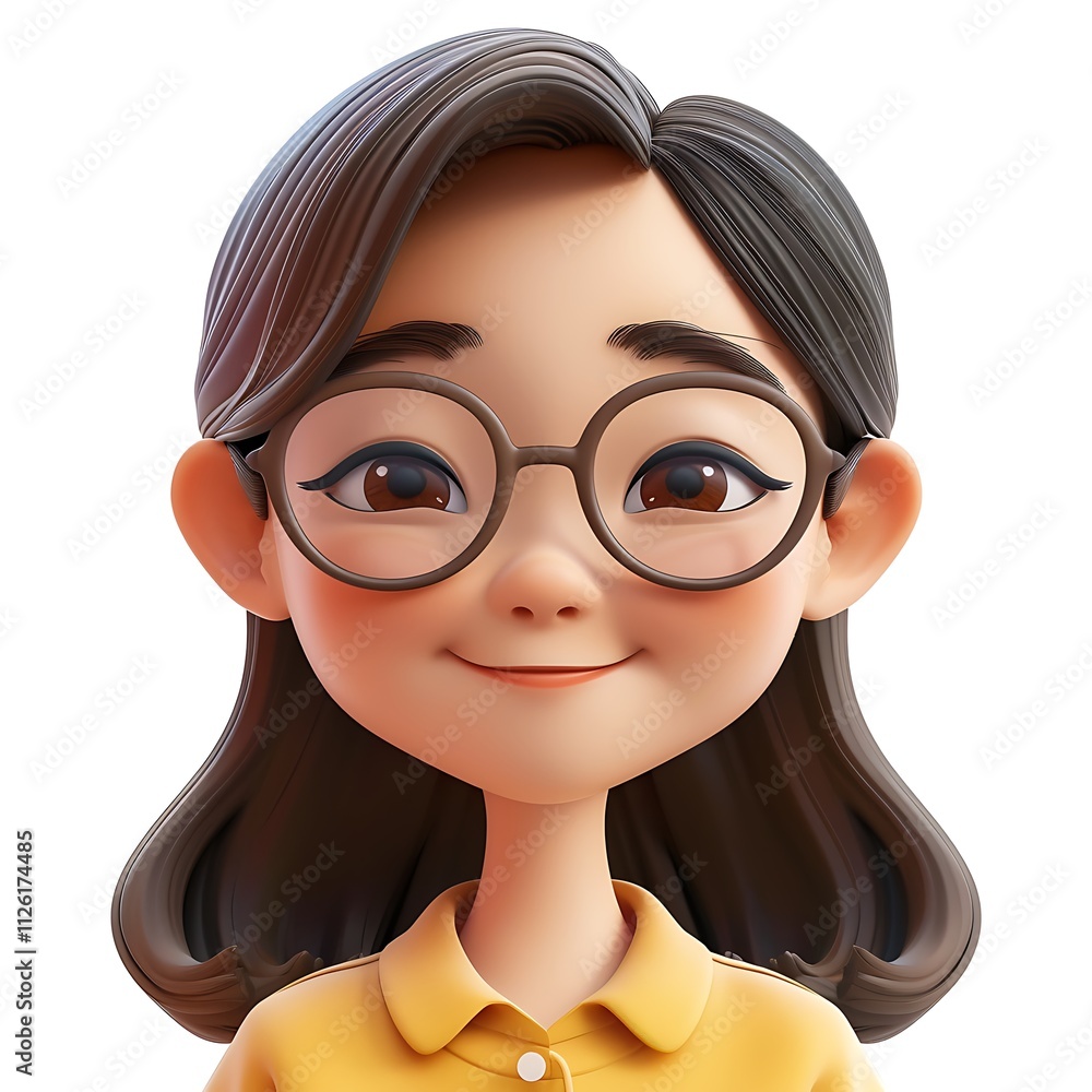 3D cartoon character of a smiling Korean girl with glasses and wavy hair. 3D cartoon character of a smiling Korean girl with glasses and wavy hair.