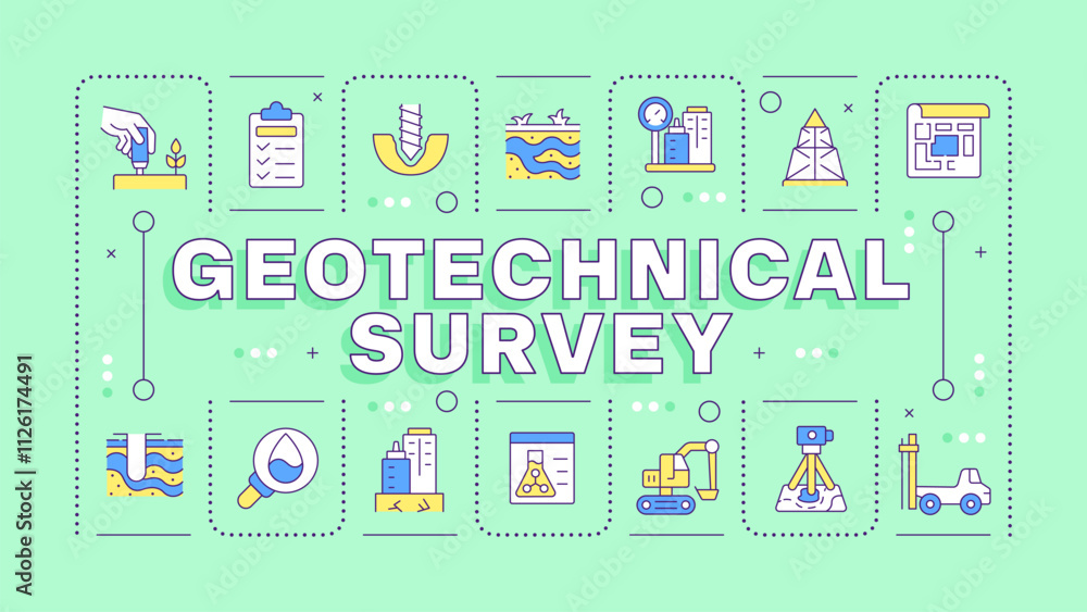Geotechnical survey light green word concept. Researching ground structure for construction. Typography banner. Vector illustration with title text, editable icons color. Hubot Sans font used Geotechnical survey light green word concept. Researching ground structure for construction. Typography banner. Vector illustration with title text, editable icons color. Hubot Sans font used