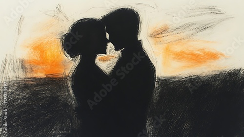 Silhouette of a couple embracing at sunset, drawn in charcoal.