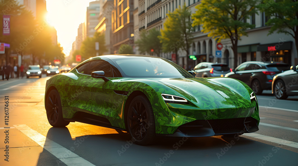 Luxury car with body covered with green film on city street Luxury car with body covered with green film on city street