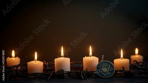 Candles, Jewish badge, and barbed wire on a dark background for International Holocaust Remembrance Day photo