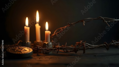 Candles, Jewish badge, and barbed wire on a dark background for International Holocaust Remembrance Day photo