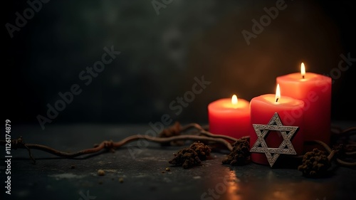 Candles, Jewish badge, and barbed wire on a dark background for International Holocaust Remembrance Day photo