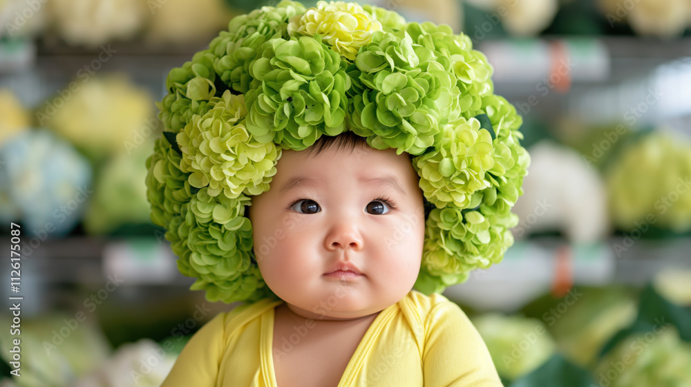 A charming baby dressed in a hydrangea-inspired costume with green flower petals forming a hat, paired with a yellow outfit, creating a playful and vibrant scene.
A charming baby dressed in a hydrangea-inspired costume with green flower petals forming a hat, paired with a yellow outfit, creating a playful and vibrant scene.