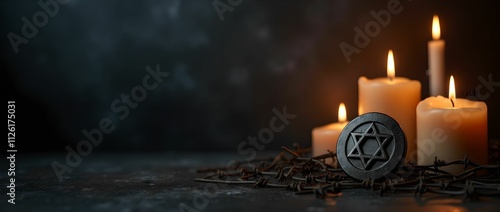 Candles, Jewish badge, and barbed wire on a dark background for International Holocaust Remembrance Day photo