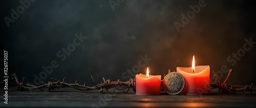 Candles, Jewish badge, and barbed wire on a dark background for International Holocaust Remembrance Day photo