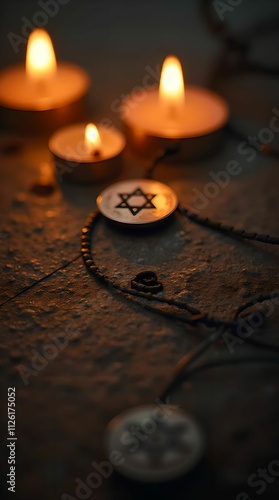 Candles, Jewish badge, and barbed wire on a dark background for International Holocaust Remembrance Day photo