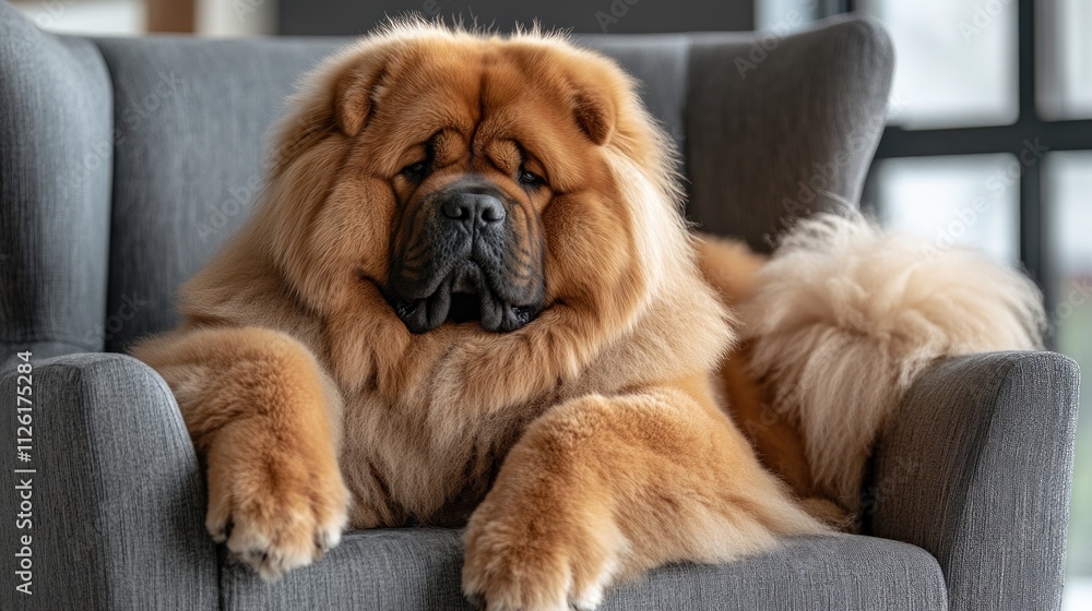 A fluffy Chow Chow dog lounging comfortably on a gray armchair. A fluffy Chow Chow dog lounging comfortably on a gray armchair.