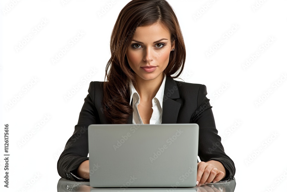 A woman is sitting at a desk with a laptop in front of her A woman is sitting at a desk with a laptop in front of her