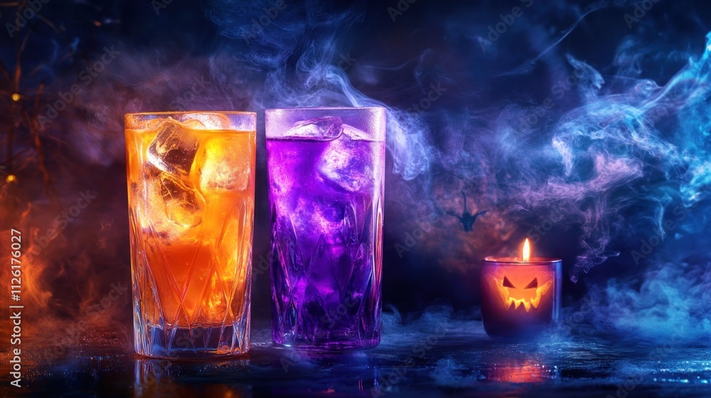 Two colorful drinks with ice, surrounded by smoke and a Halloween-themed candle. Two colorful drinks with ice, surrounded by smoke and a Halloween-themed candle.