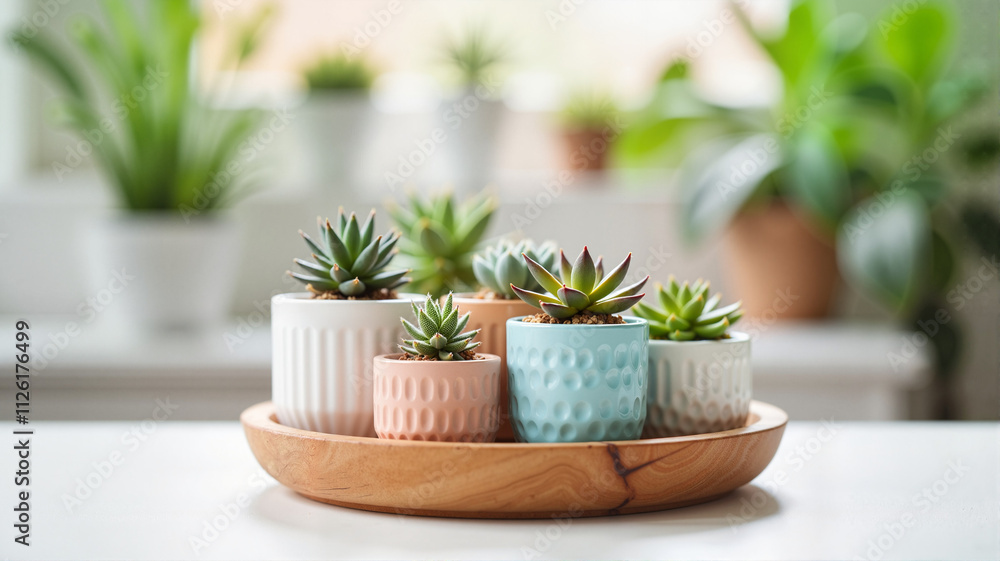 Succulent plants in colorful pots on a tray Succulent plants in colorful pots on a tray