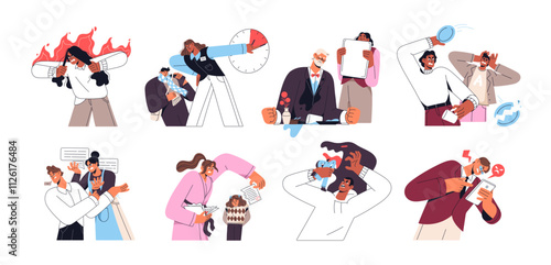 Angry people shout, quarrel concept set. Furious men and women feel anger, irritation, aggression. Mad characters with negative emotions. Flat isolated vector illustrations on white background
