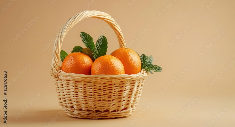 A woven basket filled with fresh oranges and mint leaves against a soft background. A woven basket filled with fresh oranges and mint leaves against a soft background.