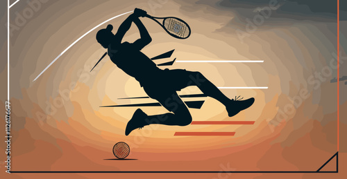 Tennis Player Silhouette in Mid-Air Swing Against a Sunset Backdrop