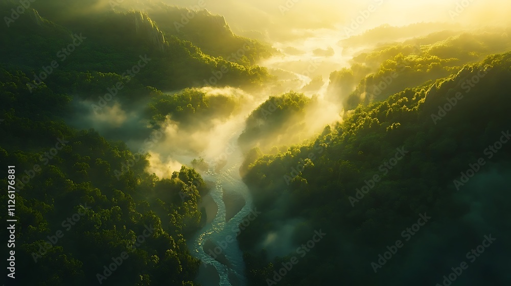 Aerial view of a lush green forest with a winding river and misty atmosphere. Aerial view of a lush green forest with a winding river and misty atmosphere.