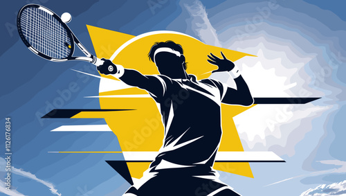 Bold Silhouette of a Tennis Player in Action with Graphic Yellow and Blue Accents