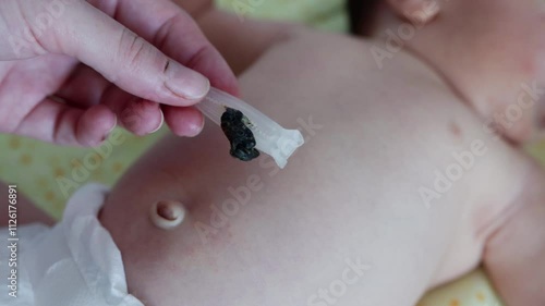 Dried umbilical cord in hand against the background of a newborn baby, close-up photo