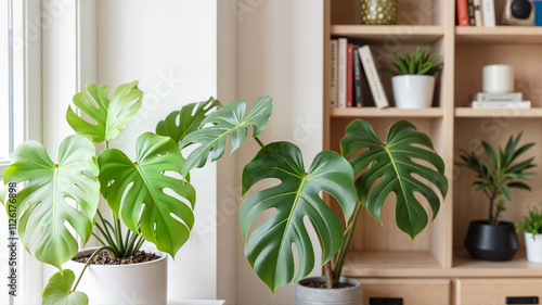 Indoor plant shelves with monstera and decor items