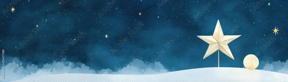 Obraz premium A serene night sky featuring a shining star and a soft moon, set against a deep blue backdrop with wisps of clouds.