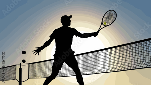 Silhouette of a Tennis Player Swinging Racket on a Court at Sunset