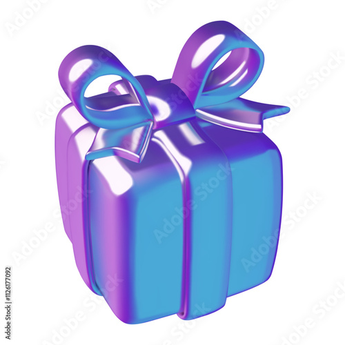 Holographic gift box 3d vector icon. Purple and blue metallic gradient birthday present or Christmas surprise illustration isolated on white background.