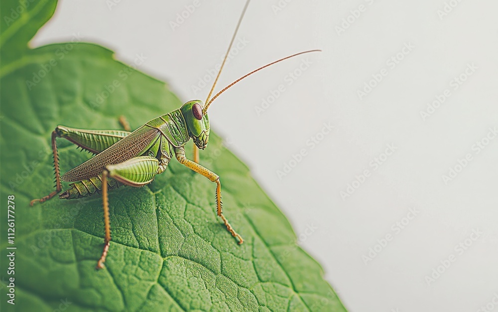 A high-definition stock photo of a grasshopper sitting on a vibrant green leaf, isolated on a clean white background A high-definition stock photo of a grasshopper sitting on a vibrant green leaf, isolated on a clean white background