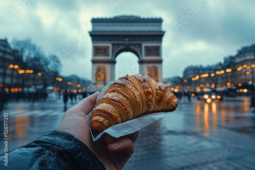 A hand holding a croissant in front of the Arc de Triomphe on a rainy day. photo