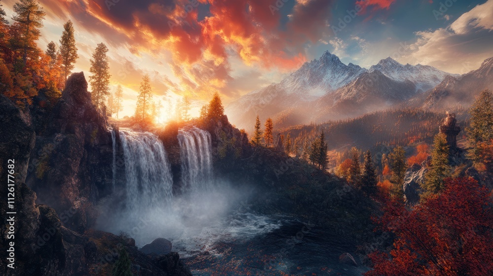 Obraz premium Majestic Autumn Waterfall at Sunset
