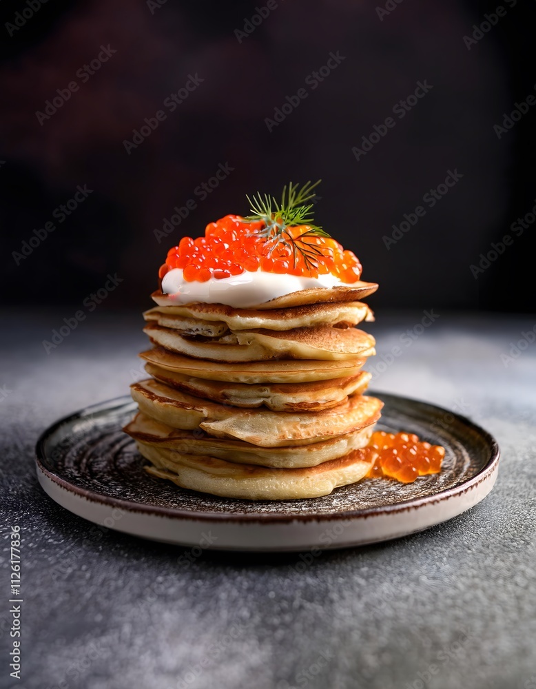 Delicate pancakes stacked with layers of sour cream and vibrant red caviar, served on a festive plate Delicate pancakes stacked with layers of sour cream and vibrant red caviar, served on a festive plate