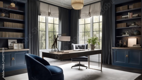 A modern home office with navy blue built-in cabinets, an elegant desk and chair set, large windows with sheer curtains, soft lighting from floor lamps and wall sconces