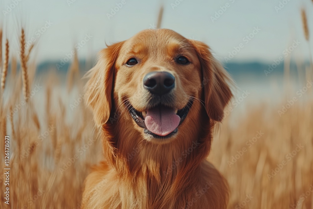 A golden retriever smiling in a field of tall grass by a serene water body. A golden retriever smiling in a field of tall grass by a serene water body.