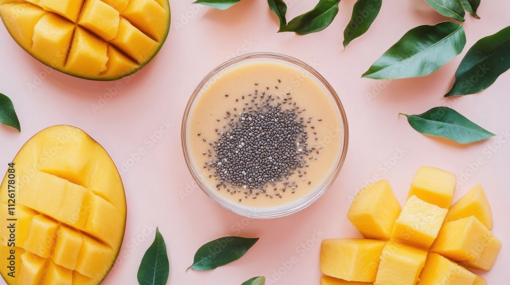 A vibrant mango smoothie garnished with chia seeds, surrounded by fresh mango and leaves. A vibrant mango smoothie garnished with chia seeds, surrounded by fresh mango and leaves.