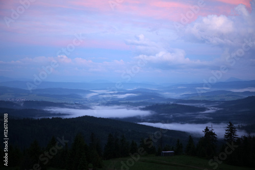 Obraz na płótnie Landscape of Zywiec Beskids mountain range after sunset, view from Rysianka peak, Poland w salonie