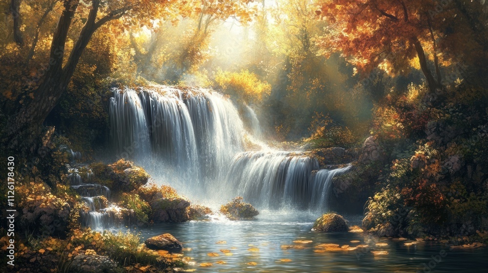 Serene Autumn Waterfall: A Magical Forest Scene Serene Autumn Waterfall: A Magical Forest Scene