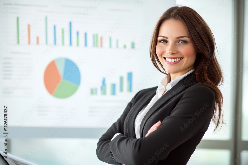 Confident Businesswoman Smiling in Office with Graphs and Charts Confident Businesswoman Smiling in Office with Graphs and Charts