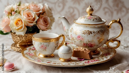 Wallpaper Mural Close up of tea set with tea pot and cup of tea, vintage style with ornaments and  gold elements, and flowers Torontodigital.ca