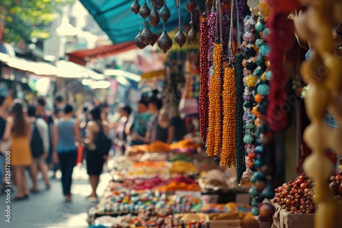 Vibrant marketplace bustling with people and colorful goods in a lively street setting during the warm afternoon sun. Generative AI