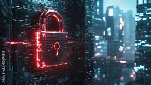 Padlock Cybersecurity Interface Set in an Urban Environment