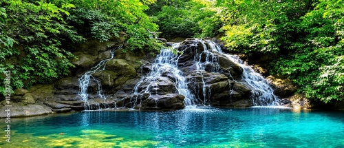 Fototapeta Naklejka Na Ścianę i Meble -  Serene Waterfall Cascading into a Crystal Clear Pool in a Lush Tropical Forest