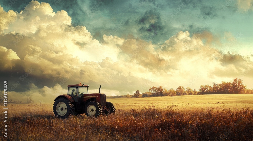 Tractor in a scenic field under dramatic skies Tractor in a scenic field under dramatic skies