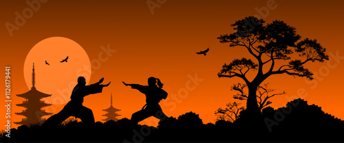 Vektor Silhouette zwei Körper Mann und Frau machen Kata - Kampfsport und Selbstverteidigung in der Natur beim Sonnenaufgang - Kampf und Technik - Körper und Geist